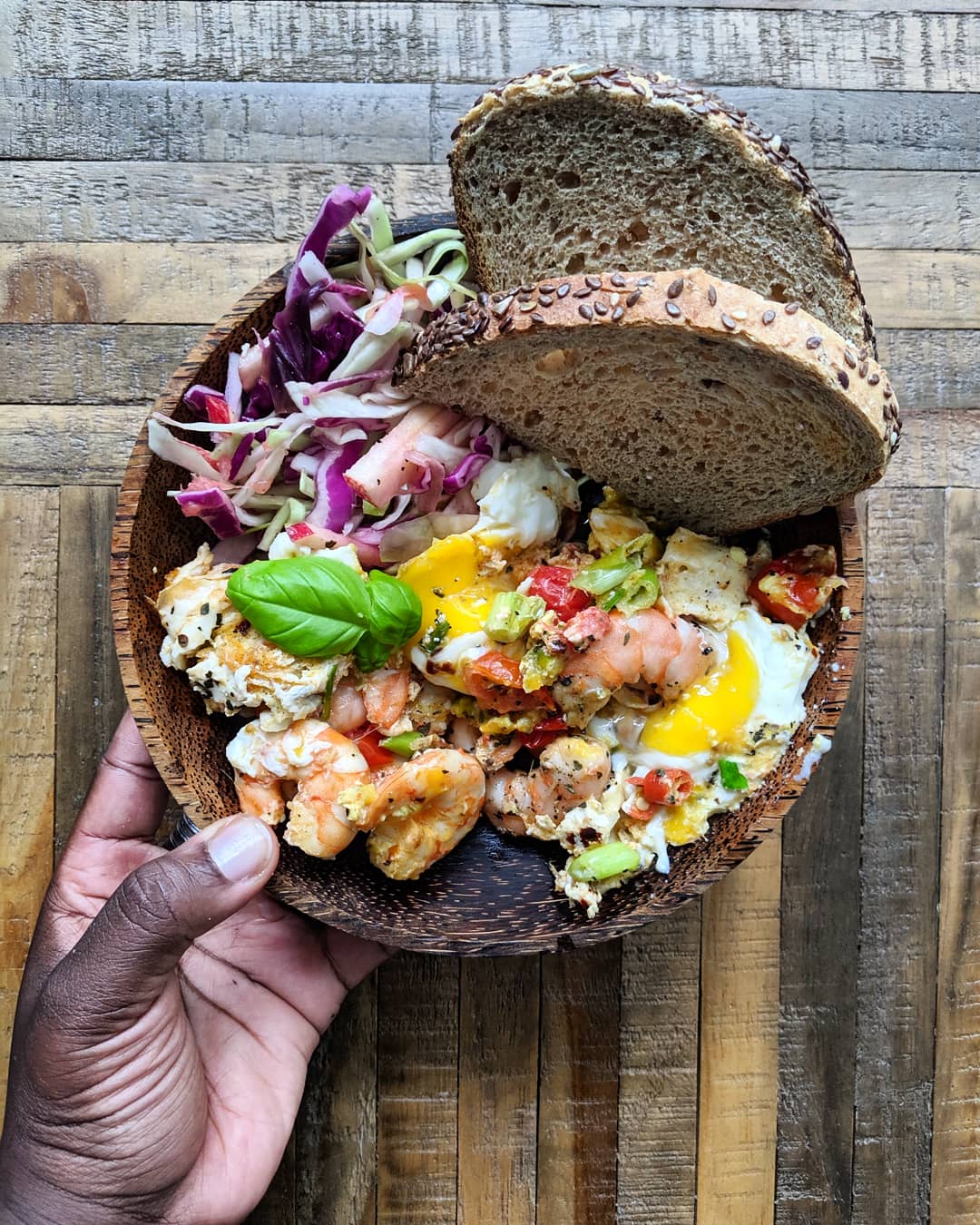 Shrimp & Egg Breakfast Bowl with Cabbage & Apple Slaw